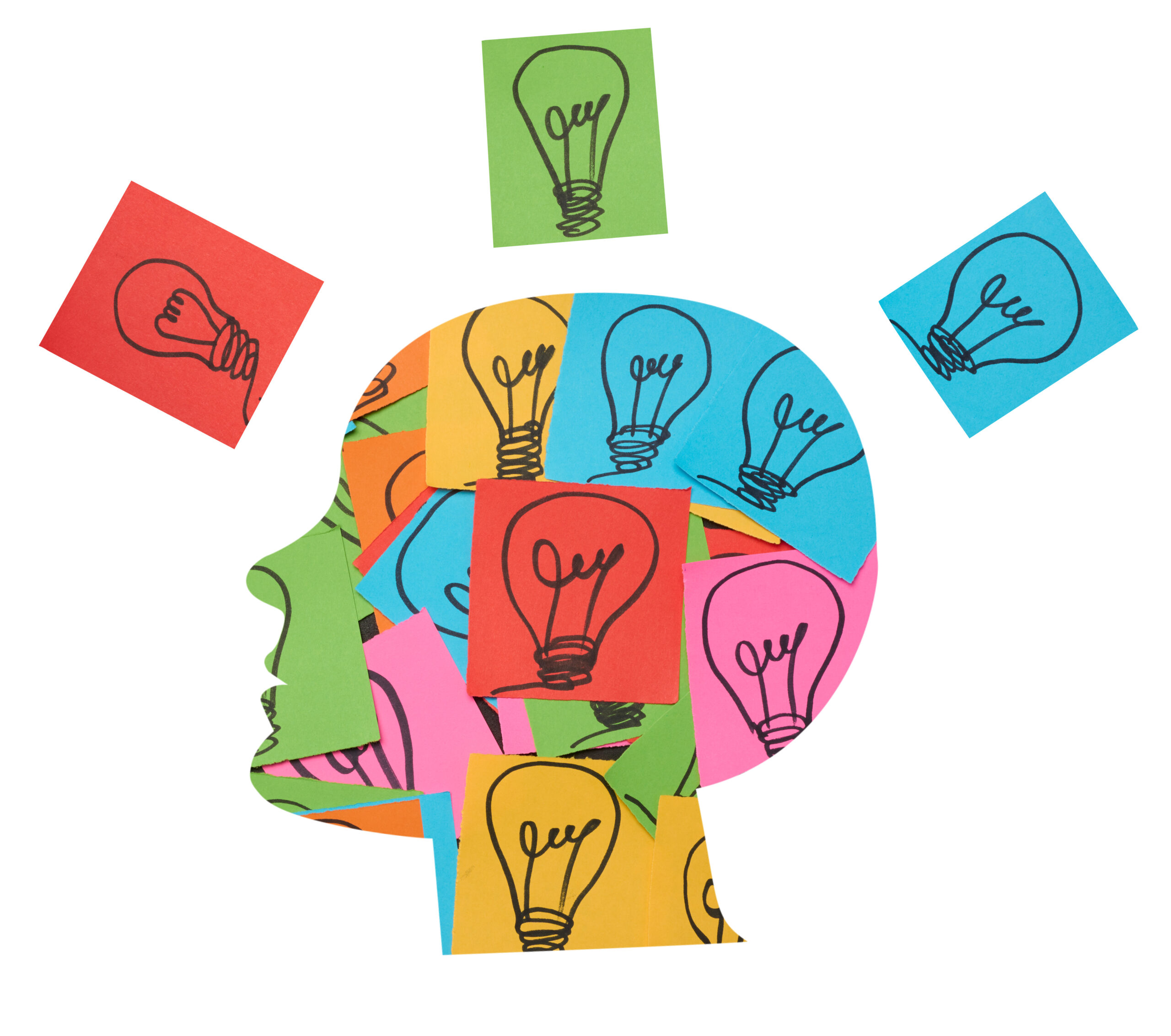 Silhouette of a human head and stickers with drawn electric lamp